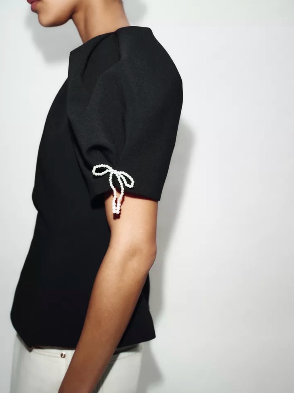 Zara Pearl Bow Puff Sleeve Peplum Top Black Size Small NWT Elegant Luxury - Picture 2 of 11